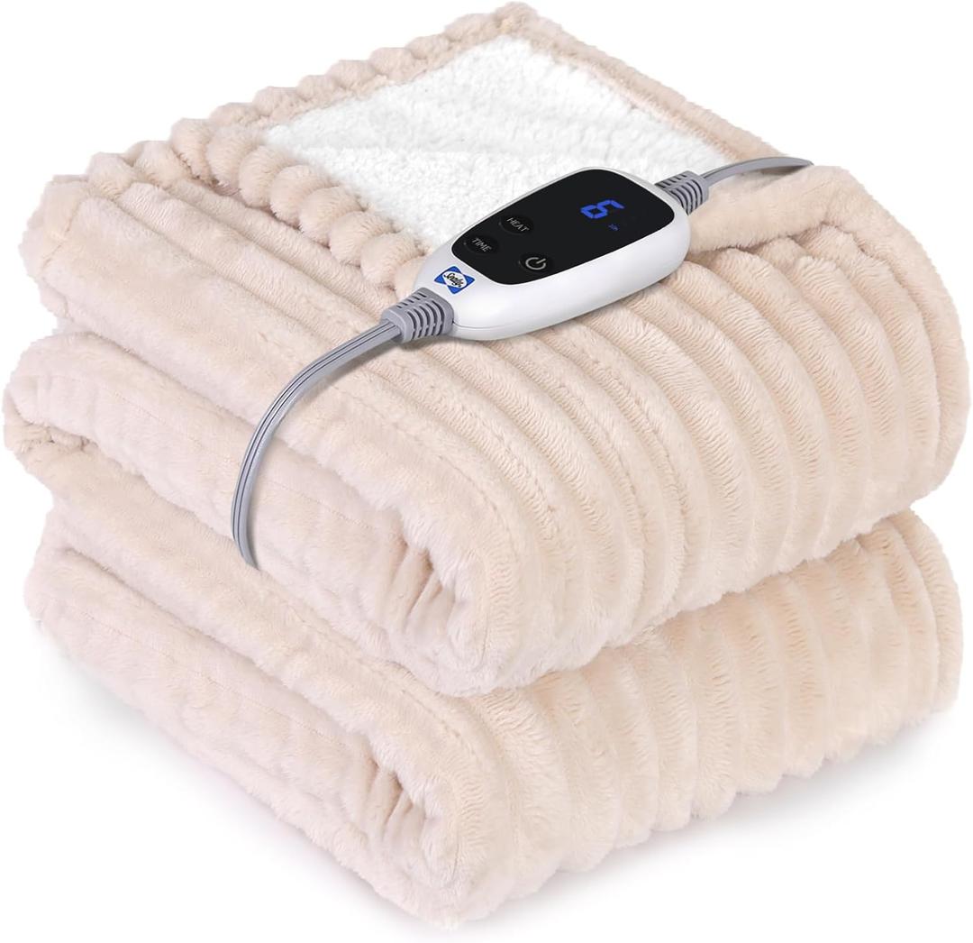 SEALY Electric Blanket Heated Throw, Soft Cozy Ribbed Flannel to Sherpa Reversible Safe Heating with 6 Heat Settings & 2-10 Hours Auto-Off Over-Heat Protection, Machine Washable, 50"x60" Beige