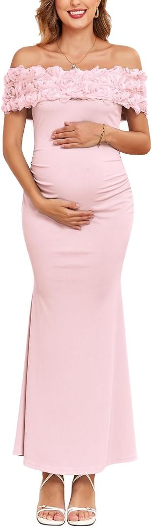 AISWI 3D Floral Off The Shoulder Maternity Dress Sexy Ribbed Mermaid Maxi Bodycon Pregnancy Dresses Baby Shower (Pink, L)