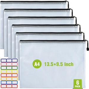 Mesh Zipper Pouch, 6PCS Waterproof Plastic Mesh ZipperBag, A4 Size Tear-Resistant Document Pouch, Extra Large Zip File Bags, for School Office Supplies Home Travel Storage(13.59.5 Inch)