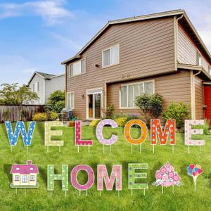 2025 Welcome Home BIG SIZE Yard Signs with Fiberglass, Family Themed Family Friendly Yard Decoration Signs Write Custom Message & Easy Installation for Courtyard Party Decorations - Set of 14 (Multicolor)