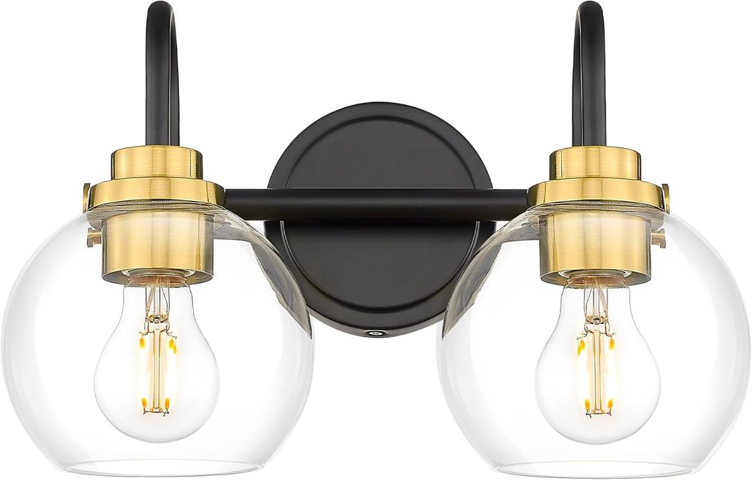 Bathroom Light Fixtures, 2-Light Black and Gold Vanity Lights with Globe Clear Glass, Modern Vanity Lighting Fixtures Over Mirror, AD-22280-2W-KG