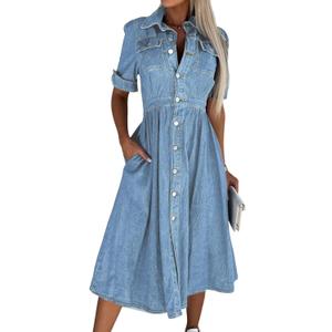 Women Denim Shirt Dress V Neck Short Sleeve Long Bottom Down A-Line Jeans Dresses with Pockets, XL 