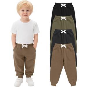 4 Pack Toddler Boys Sweatpants Elastic Waist Drawstring Joggers with Side Pockets Tapered Pants for Kids (3T, Black, Army Green, Dark Gray, Khaki)