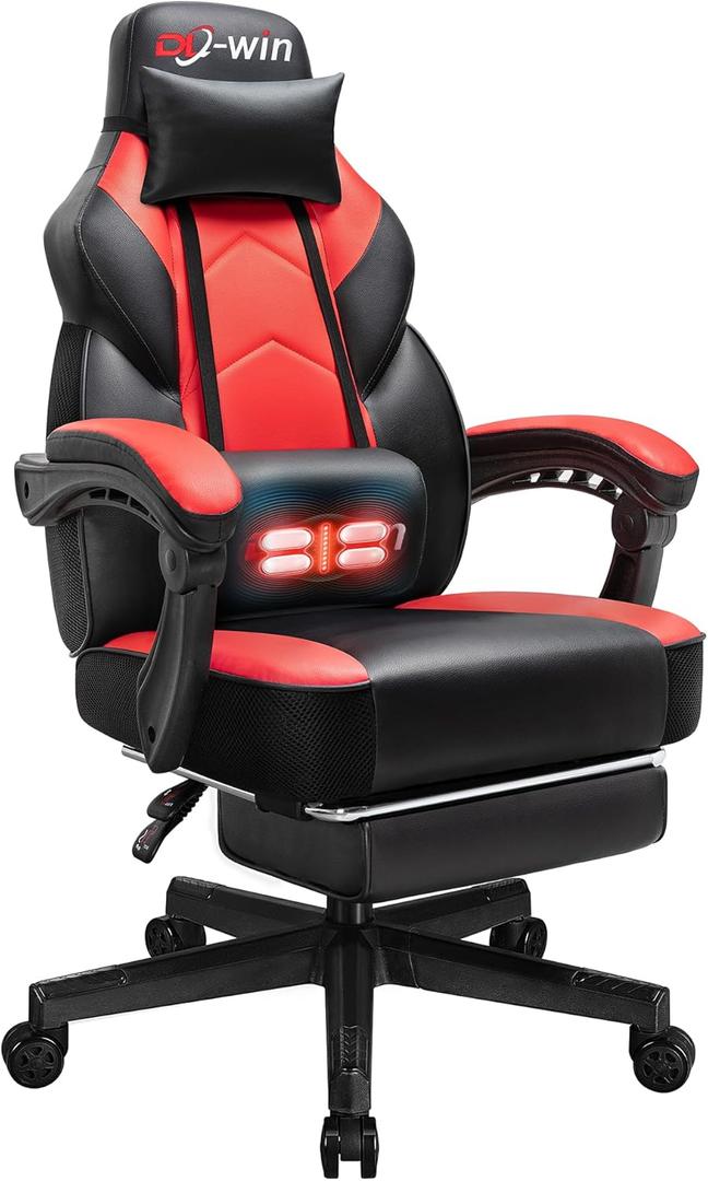 Gaming Chair, Office Chair with Footrest and Lumbar Support, Height Adjustable Game Chair with 360-Swivel Seat and Headrest and for Office or Gaming (Deep Red)