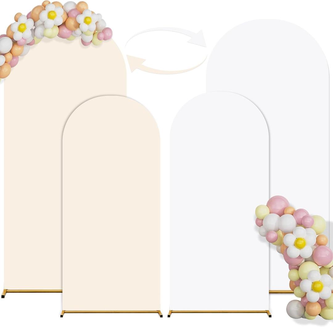 Arch Backdrop Cover Set of 2(6ft/7.2ft) Double Color Wedding Arch Cover Spandex Fitted Arch Covers, Round Top Arch Backdrop Cover for Baby Party Birthday Banquet Shower (White+Cream)