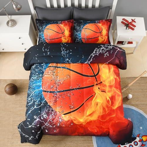 Andency 3D Basketball Comforter Twin(66x90 Inch), 2 Pieces(1 Basketball Comforter, 1 Pillowcase) Sport Polyester Bedding Set for Kids Boys Teens