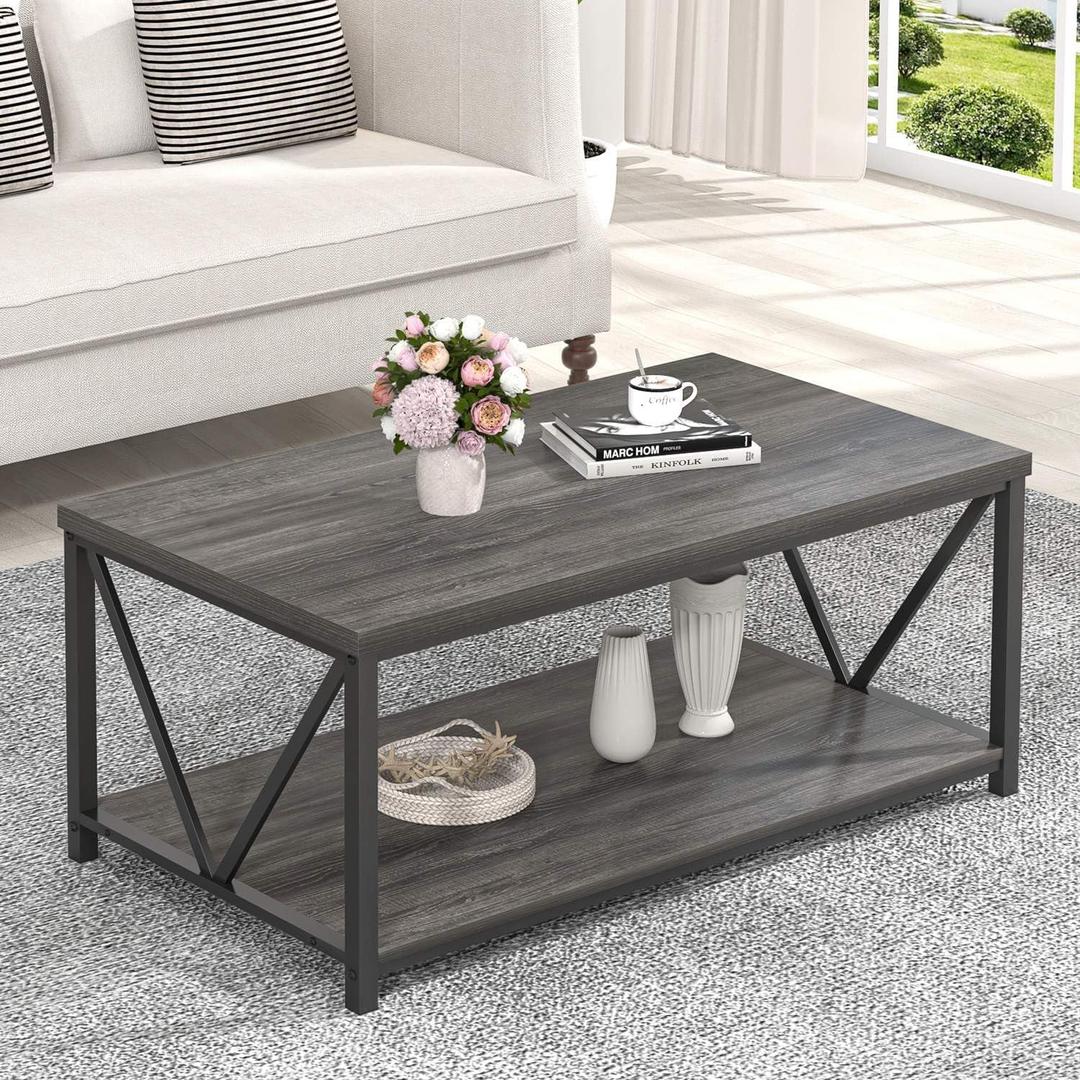 FOLUBAN Coffee Table with Storage, Modern Small Center Tables for Small Spaces, Rustic Wood and Metal Cocktail Table for Living Room, 39.3 Inch Dark Gray