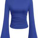 PRETTYGARDEN Womens Long Sleeve Shirts 2026 Spring Crop Going Out Tops Casual Boat Neck Bell Sleeve Ribbed Ruched Y2K Clothes (Small, Royal Blue)