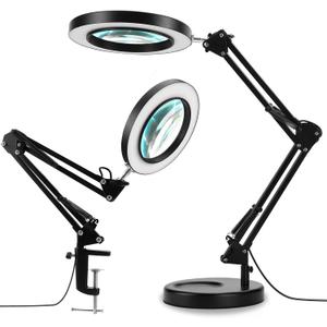 LANCOSC 2-in-1 Magnifying Glass with Light and Stand, 5X Real Glass Lens, 3 Color Modes Stepless Dimmable, Magnifying Desk Lamp & Clamp, LED Lighted Magnifier for Repair, Reading, Crafts, Close Works (Black)