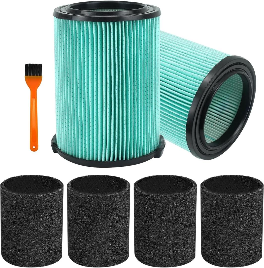 ATXKXE VF6000 Wet or Dry Replacement Filter for Ridgd 5-20 Gallon Vacuums WD5500 WD0671 WD6425 WD7000 WD1280 WD1851 WD1680 WD1956 RV2400A, 4 pack Foam Sleeve,2 Pack VF6000 Filter and 1 Pack Brush