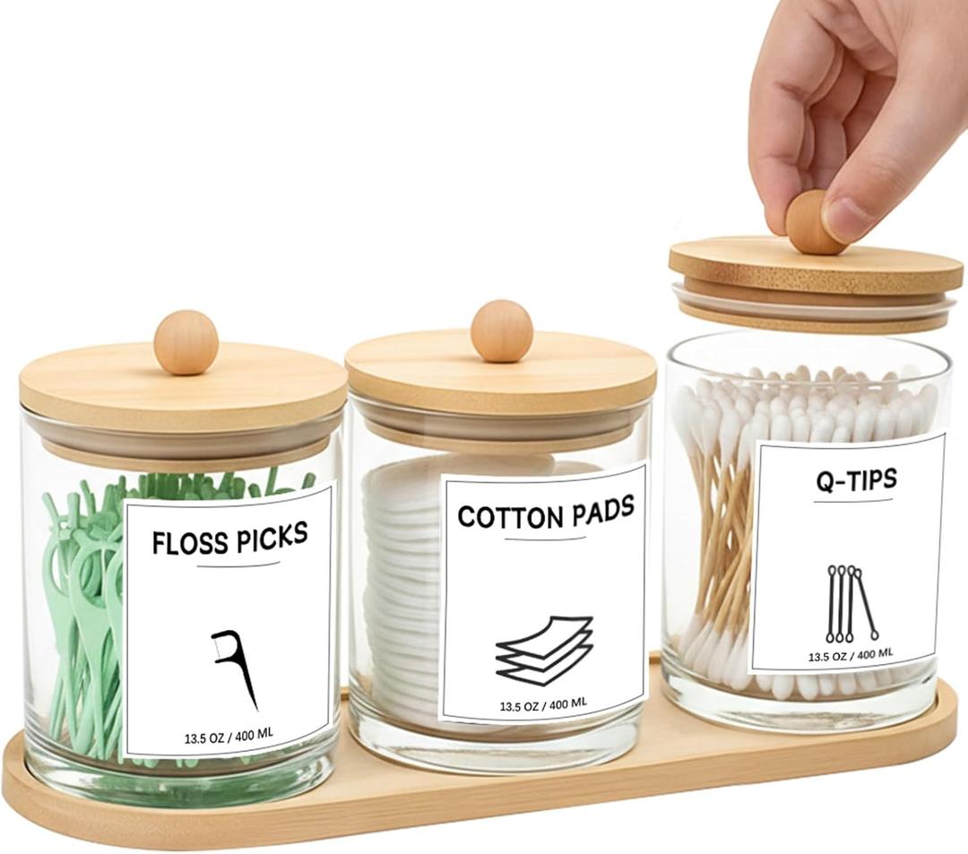 3 PCS Qtip Holder for Bathroom, Cotton Ball Holder with Tray, Bathroom Organizers and Storage, Bathroom Jars for Floss Picks, Cotton Swabs, Balls, Pads(Clear)