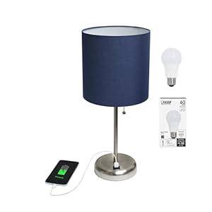Simple Designs LT2044-GRY-LB Brushed Steel Stick Table Desk Lamp with USB Charging Port and Drum Fabric Shade for Living Room, Hallway, Nightstand, Office, Gray Shade, with Feit LED Bulb Included
