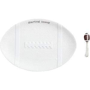 Mud Pie Football Platter with Spreader, White Ceramic Game Day Serving Tray, 8 3/4" x 15 3/4"