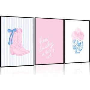 LQOZTBX 3 piece Coastal Cowgirl Wall Art Pink and Blue Cowboy Boots Canvas Posters How Lucky Are We Print Aesthetic Preppy Wall Decor Coquette Pictures for Girls Bedroom Dorm Unframed, 16x24-Posters