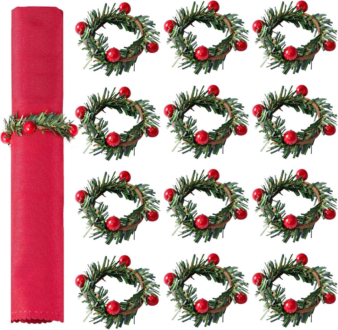 APTWOW Christmas Napkin Rings Set of 12 - Red Berry Wreath Napkin Holder, Holiday Christmas Napkin Rings for Table Decorations, Dinner Party, and Winter Weddings