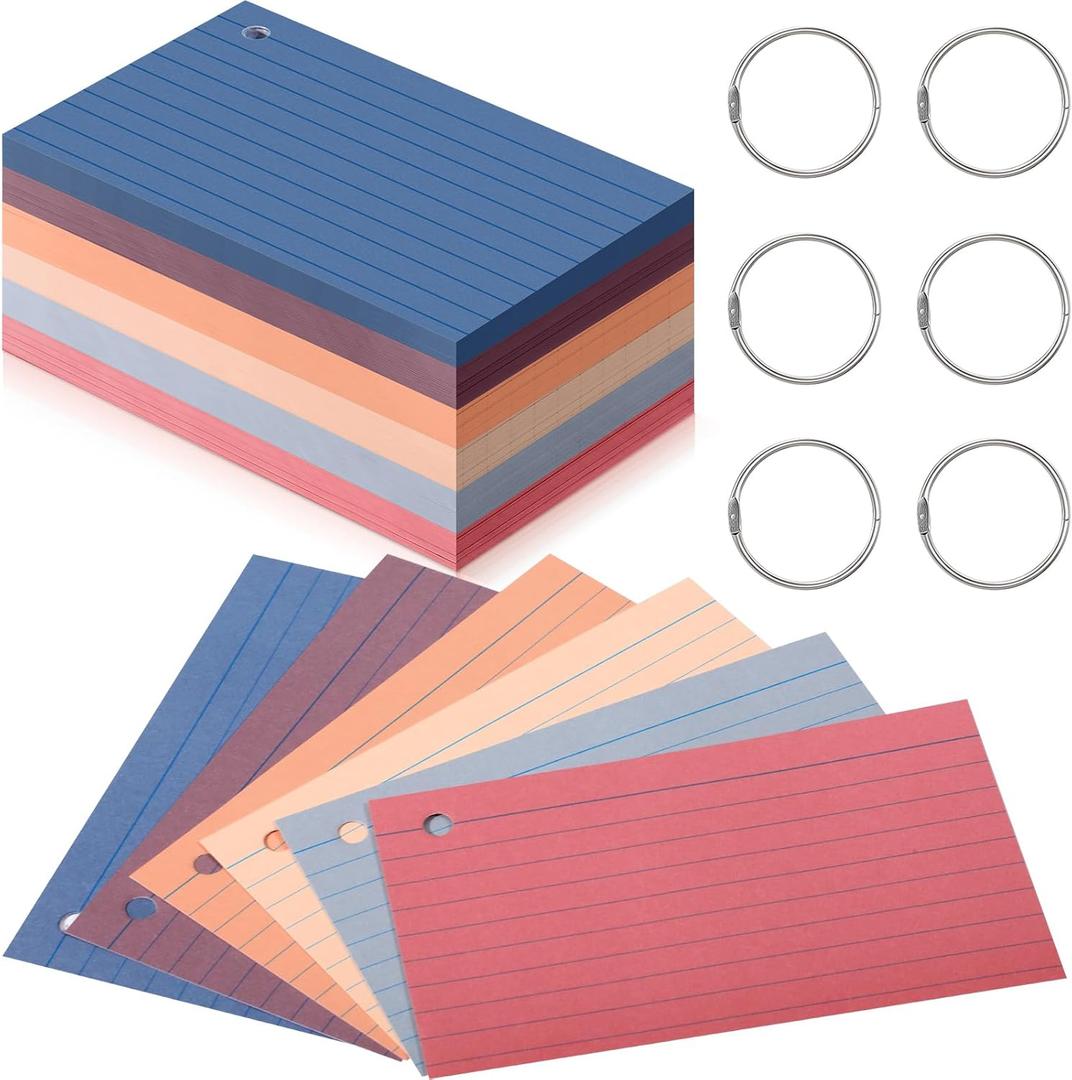 Epakh 300 Pieces Lined Index Cards 180 GSM Thick Flash Cards with Rings Notecards Punched Back to School for Studying Adults Home College Office(3 x 5 Inch,Novel Colors)