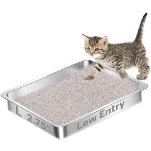 Low Entry Stainless Steel Cat Litter Box for Big Cats, Extra Large Metal Kitten Shallow Litter Box, Easy Access Kitty Litter Pan Tray, Easy Cleaning -17.72'' Lx 13.78'' W x 2.76'' H