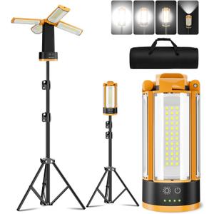 T-SUN Rechargeable Camping Light with Stand, 10400mAh LED Work Light 4100 Lumens with 4 LED Lamp Heads, Portable Work Light with Detachable Tripod 67" Max Height (Orange)