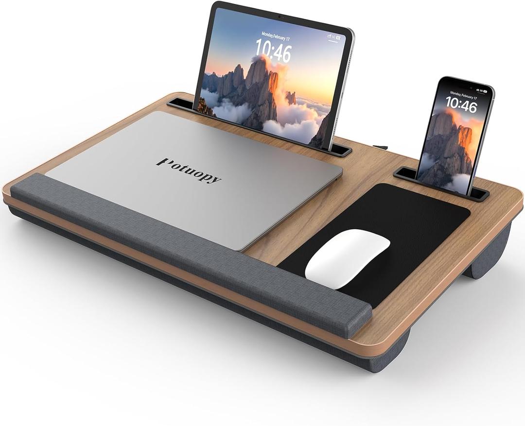 Lap Desk - Up to 17 Laptop Tray with Wrist Rest, Portable Handle, Fixed Mouse Pad, Tablet & Phone Slots, Laptop Stand for Bed with Cushion (Dark Brown Woodgrain)