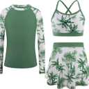 Girls Swimsuit Long Sleeve Swim Shirt 3 Piece Rash Guard for Girls Bathing Suit with Boyshorts (5-6 Years, White Palm)