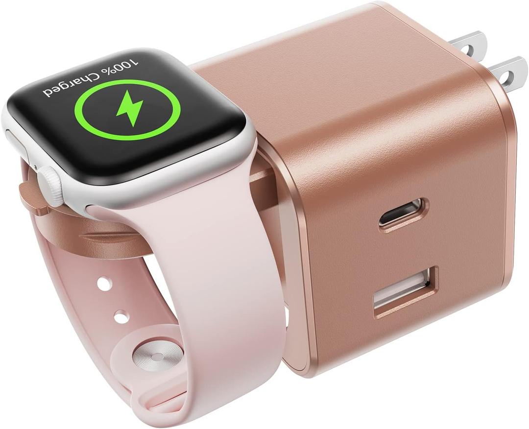 36W for Apple Charging Block with Built-in Watch Charger, Foldable PD Fast Charger Block for iPhone, Dual Ports Wall Charger Compatible with Apple Watch iPhone AirPods(Rose Gold)