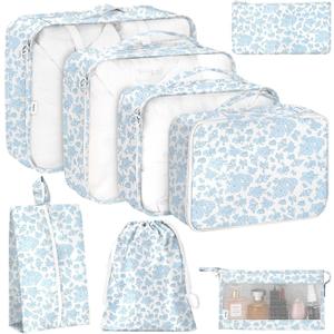 8 Set Packing Cubes for Travel, Luggage Packing Organizers Accessories Large Toiletries Bag for Clothes Shoes Cosmetics (Blue Flower)