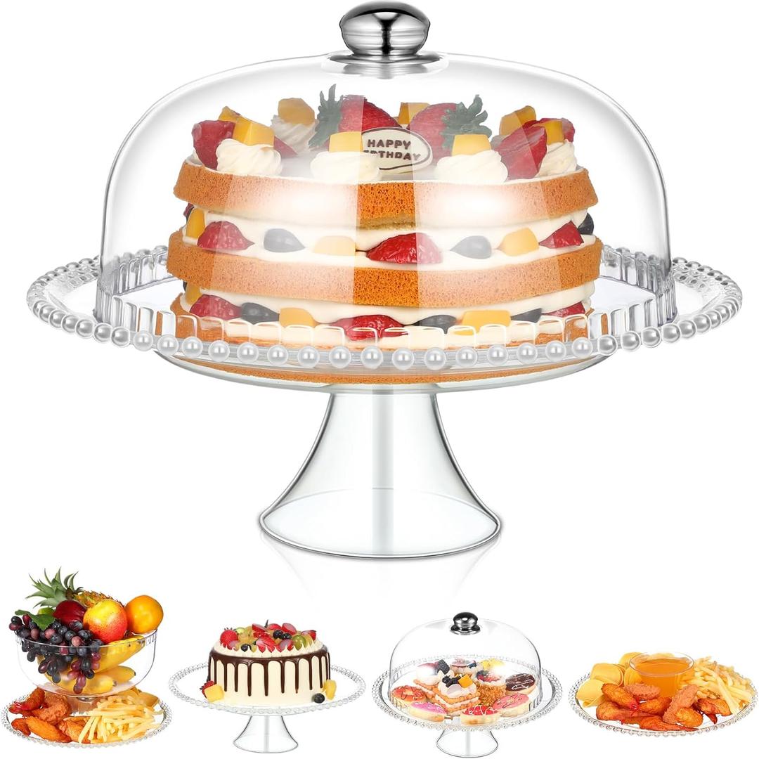 Nuenen 12 Inch Acrylic Cake Stand with Dome Lid Clear Plastic Cake Display Stand Multifunctional Serving Platter Plate Lightweight Portable Dessert Cake Container for Wedding Birthday Party Supplies 