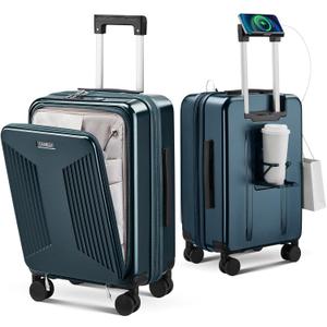 Carry on Luggage Top opening Suitcases, Expandable with Cup Holder and USB Charging Port,Lightweight with Front Pocket Rolling Suitcases with Spinner Wheels