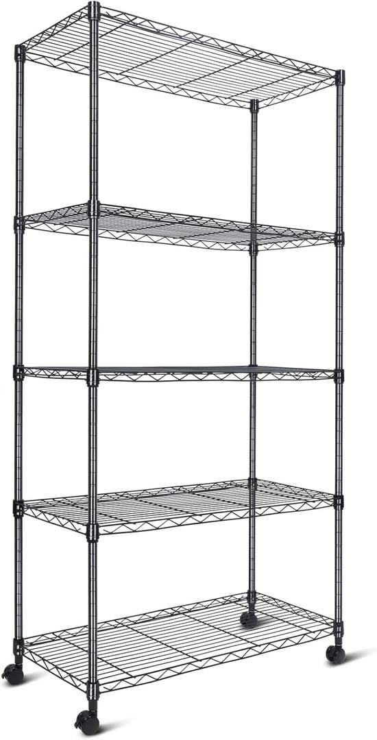 Whitmor 5 Tier Shelving Unit, Adjustable Storage Shelves with Wheels, 400 lbs Capacity per Shelf, Max 2000 lbs Total for Pantry, Kitchen, Garage, 30" L x 14" W x 60" H, Black