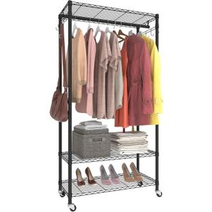 Rolling Portable Garment Rack,Freestanding Clothes Racks, Portable Closet Wardrobe with 3 Adjustable Wire shelves, 2 Side Hooks, Black