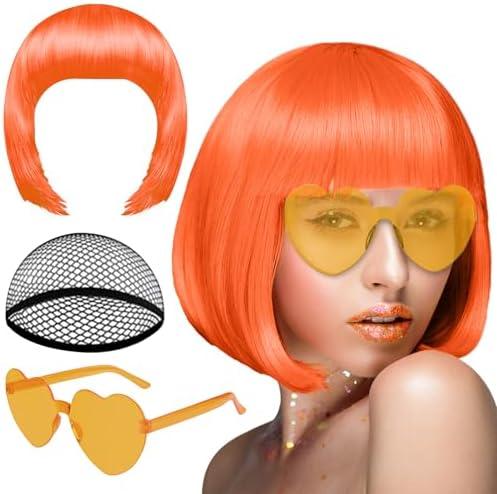 PLULON Orange Short Bob Wig and Sunglass Set, Neon Short Bob Wig Sunglass Pack Costume Colorful Cosplay Wig Hairpieces for Bachelorette Neon Party Favors, Halloween Decorations