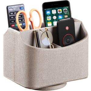 PUSU Leather 360Rotatable Remote Control Holder,Nightstand TV Remote Caddy,Office Supplies Desktop Organizer,Spinning Storage Box for Pen,Mail,Phone,DVD, Blu-Ray, Media Player, Heater Controllers (A Elegant Beige)
