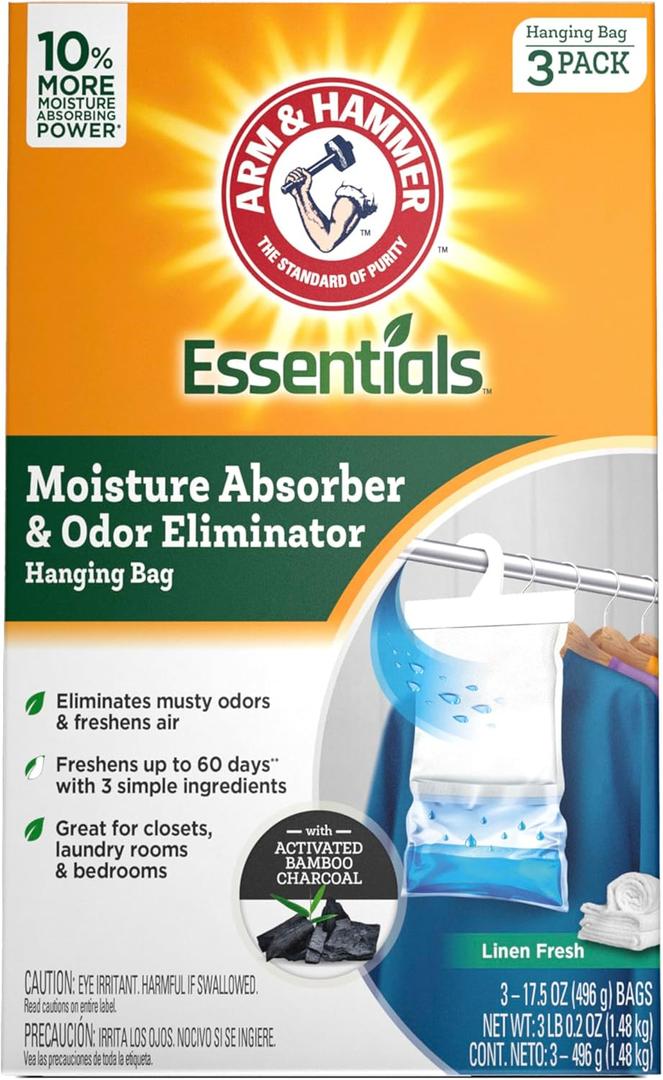 Arm & Hammer Essentials Hanging Moisture Absorber and Odor Eliminator, 17.5 oz., 3 Pack, Linen Fresh, Moisture Absorbers for Closets, Laundry Rooms and Bedrooms, Long-Lasting Freshness (Clear)