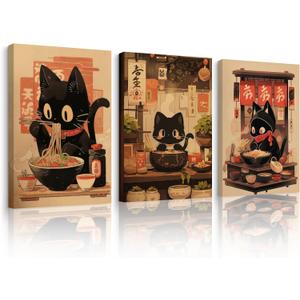 Pouydmi Japanese Cat Wall Art Black Cat Poster Eating Ramen Canvas Wall Decor Japan Tokyo Wall Art Funny Cat Prints Pictures Japanese Painting for Kitchen Bedroom 16x24x3 Inch Ready to Hang