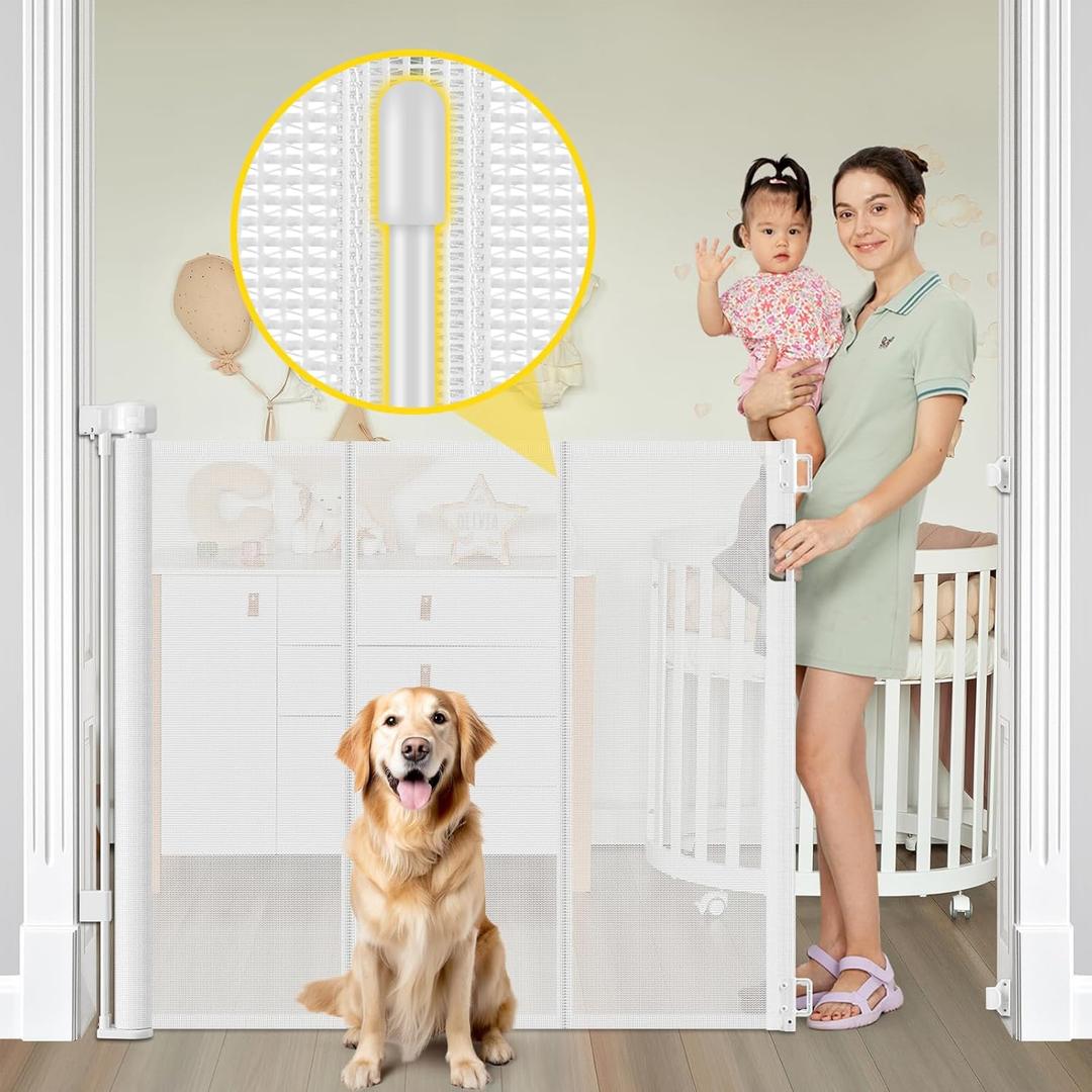 Reinforced 42" Extra Tall Retractable Dog Gate for Doorways 60" Wide Mesh Baby Gate, Tall Baby Gates for Stairs with Rods to Prevent Crawling Through Retractable Pet Gate Indoor Outdoor, White