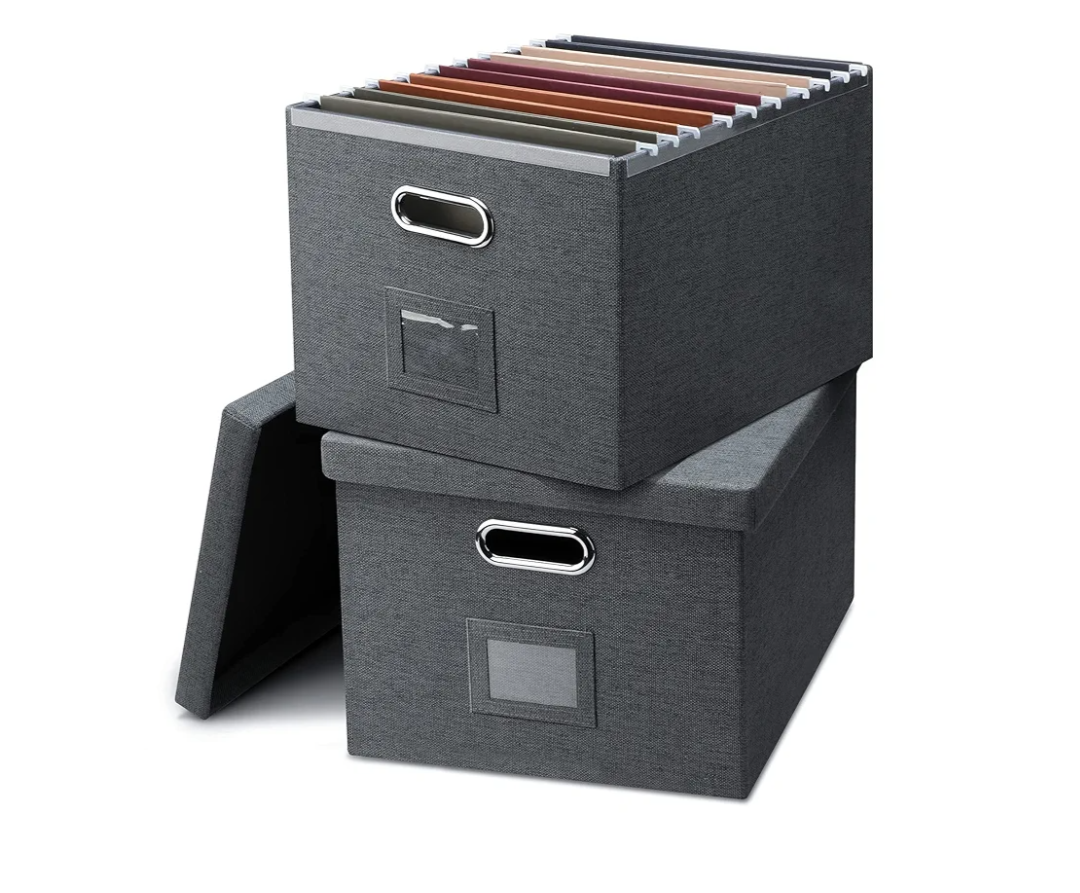File Organizer, Collapsible Storage Filling Box with Lid for Letter Legal Size Hanging Folders Decorative Linen File Folder Box Document Storage Filing Bin, Dark Gray 2 Pack