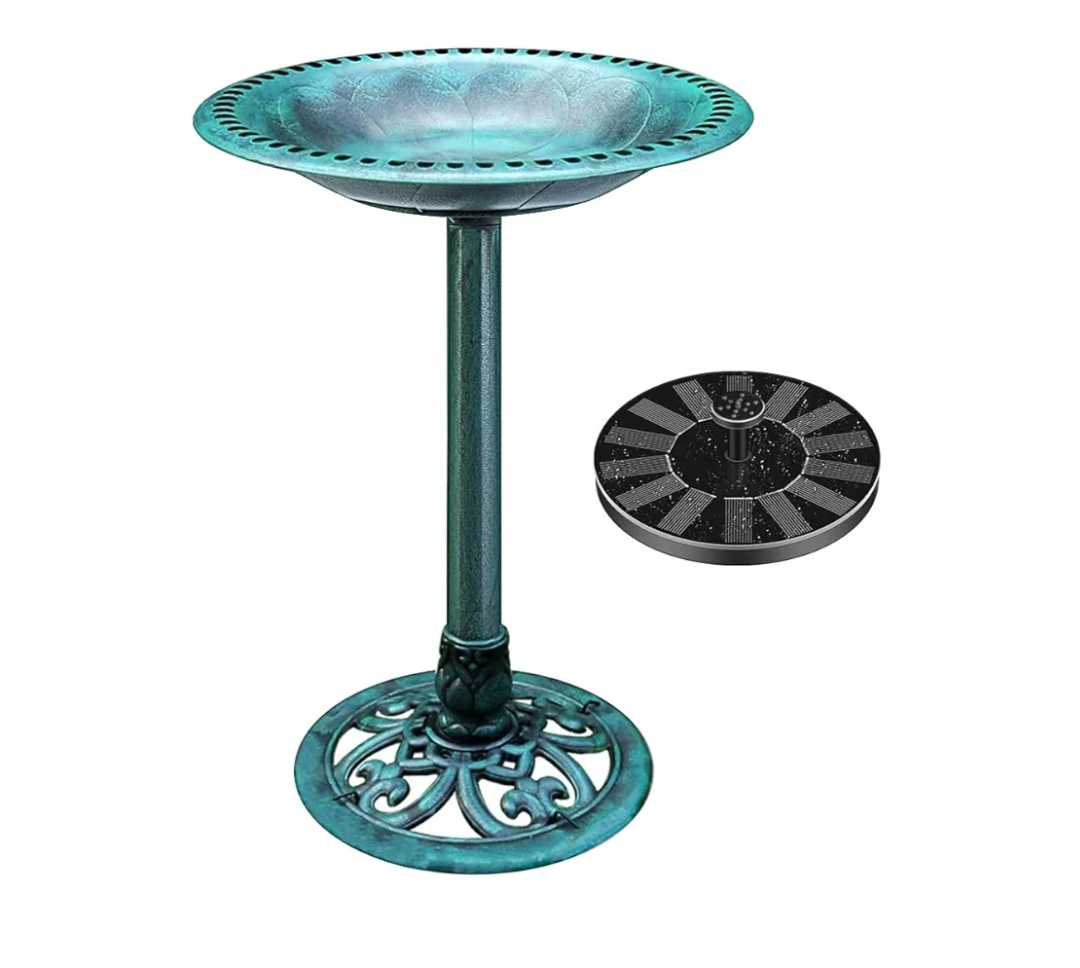 VIVOHOME Polyresin Antique Outdoor Green Garden Bird Bath and Solar Powered Round Pond Fountain Combo Set