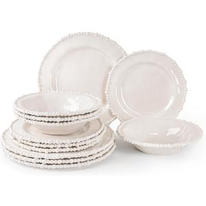 AELS Beaded Melamine Dinnerware Set of 12 Pcs Dinner Dishes Set for Indoor and Outdoor Use, Dishwasher Safe, Lightweight Unbreakable, BPA Free, Glossy Cream