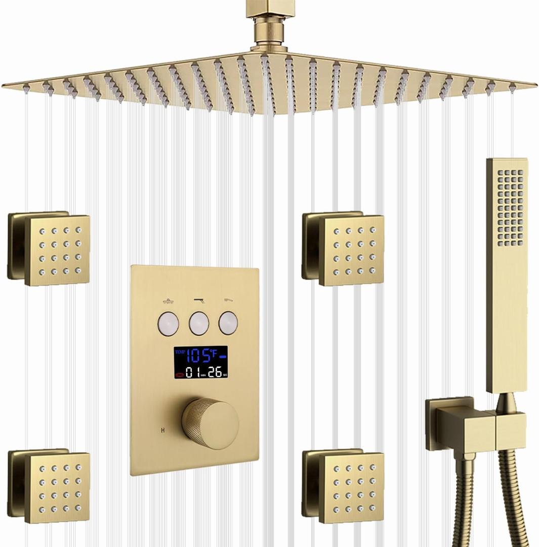 Shower System with Body Jets Brushed Gold Shower Faucet Set 12 Inch Ceiling Mount Rain Shower Faucet Fixture Combo Set Bathroom LED Digital Display Mixer Valve Contain Valve Body and Trim