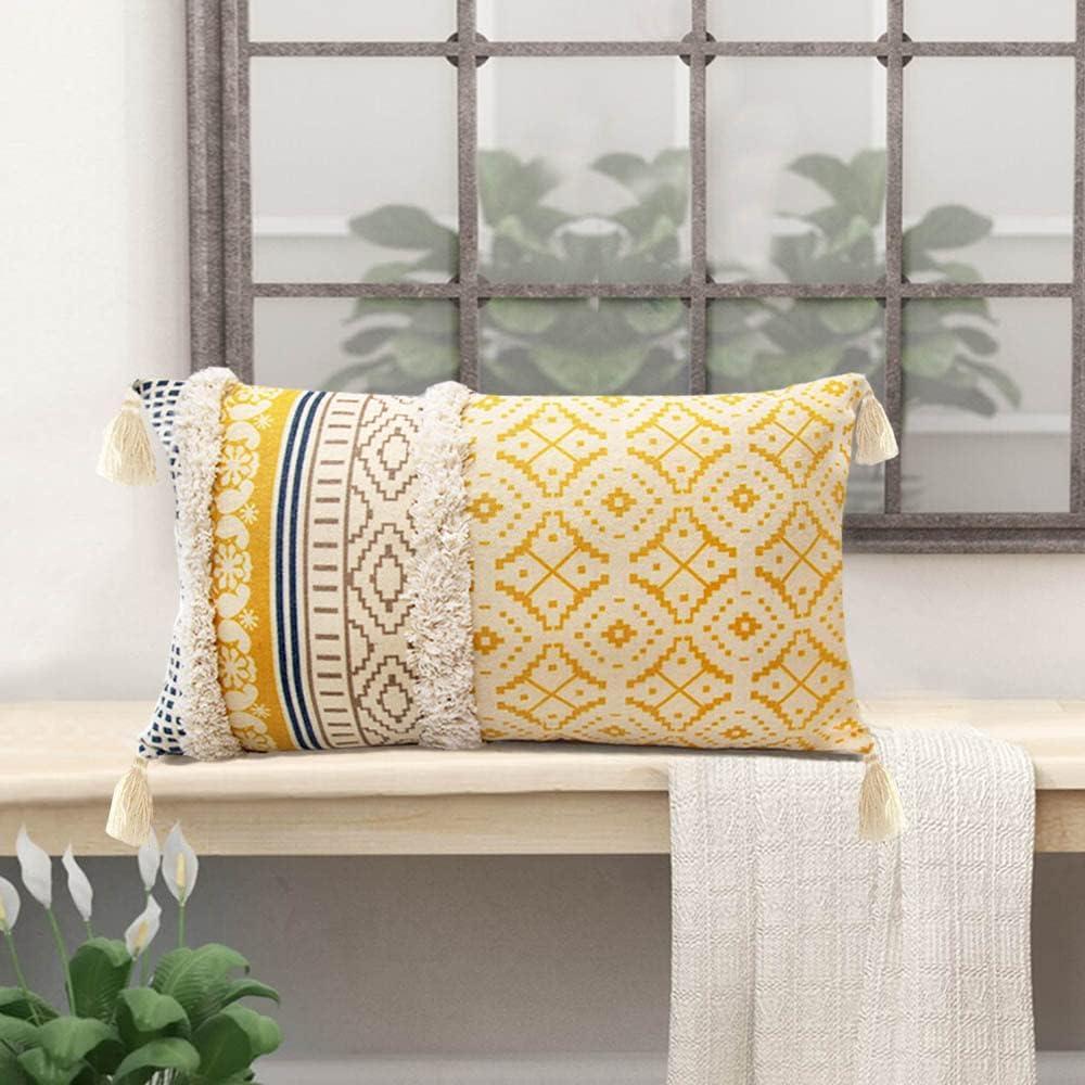 Lumber Boho Throw Pillow Cover for Couch Sofa - Cotton Hand-Woven Tufted Moroccan Decorative Pillowcase with Tassels for Farmhouse Living Room Bedroom Car Hotel - Yellow 12 x 20 Inches