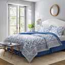 Laura Ashley - Twin Comforter Set, Soft & Reversible Cotton Bed Set, 3 Piece Floral Bedding with Matching Pillowcase & Bonus Bed Skirt (Charlotte Blue)