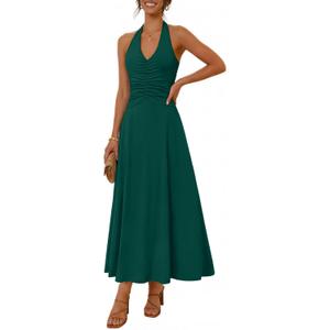 MEROKEETY Women's Formal Halter Maxi Dress 2026 Summer Backless Sleeveless V Neck Ruched Cocktail Wedding Guest Dresses (Green, M)