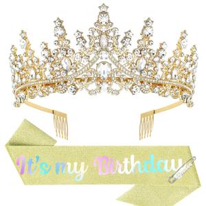 Birthday Crown & Glitter Sash for Women - Princess Tiara & Headband for Parties & Decorations