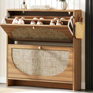 Nicetree Freestanding Ultra Slim Arched Rattan Accent Shoe Storage Cabinet for Entryway - 2 Flip Drawers & 3-Tier Adjustable Shelves, Farmhouse Modern Rustic Shoe Rack for Hallway Foyer,Oak, 35.5" H × 9.5" D × 31.5" W