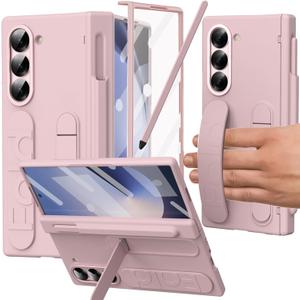 for Samsung Galaxy Z Fold 5 Case with S Pen Holder & Slim Stylus, Z Fold 5 Wrist Strap Case with Kickstand Hinge Protection Screen Protector Raised Edge Protection Cover Case for Z Fold 5 Pink