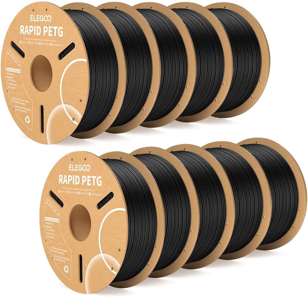 ELEGOO Rapid PETG Filament 1.75mm Black 10KG, High Speed 600mm/s 3D Printer Filament Dimensional Accuracy +/- 0.02 mm, 10 Pack 1kg Cardboard Spool(2.2lbs) Fits for Most FDM 3D Printers
