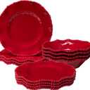 ZAROCRUS 12 pcs Christmas Holiday Melamine Dinnerware Set, Ruffled Rim With Beaded Plates and Bowls Set of 4, Lightweight yet Durable Dishes tableware Set, Ideal for parties, camping, and RV trips