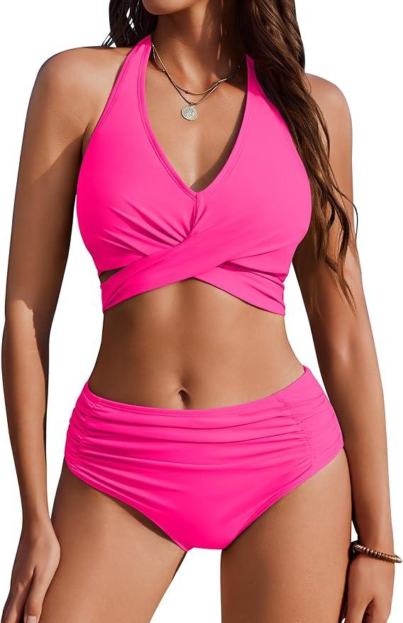 AI'MAGE Womens High Waisted Bikini Sets Tummy Control Bathing Suits Halter Two Piece Swimsuit Modest Bikini 2025(Bra) 16W