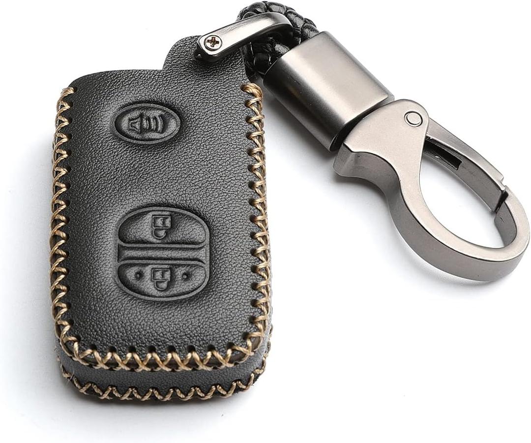 Leather for Toyota 4Runner Avalon Camry Corolla Land Cruiser Venza RAV4 Subaru BRZ Remote 3 Buttons Key Case Holder Cover Fob Chain (Black)