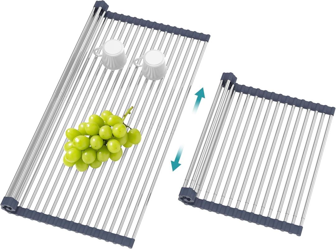 BBXTYLY Extra Large Expandable Roll Up Dish Drying Rack,Over The Sink Drying Rack Sink Cover Kitchen Sink Accessories Kitchen Rolling up Stainless Steel Drainer, Foldable,RollableGrey25.1''-17.3''
